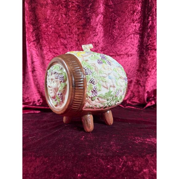 Vintage Pottery Mid Century Wine Barrel Keg Decanter Putti, Bacchus, Goat Relief - Picture 5 of 12